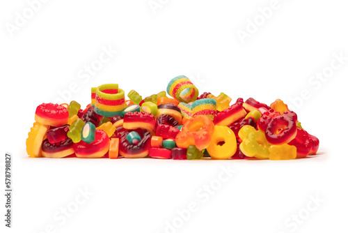 Assorted colorful gummy candies. Top view. Jelly donuts. Jelly bears. Isolated on a white background.