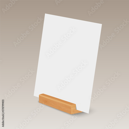 Vector 3d Realistic White A4, A5 Vertical Empty Blank Paper Sheet, Card on Wooden Holder, Stand Icon Closeup. Design Template for Mockup, Menu Frame, Booklets. Acrylic Tent Card. Half Turn, Side View