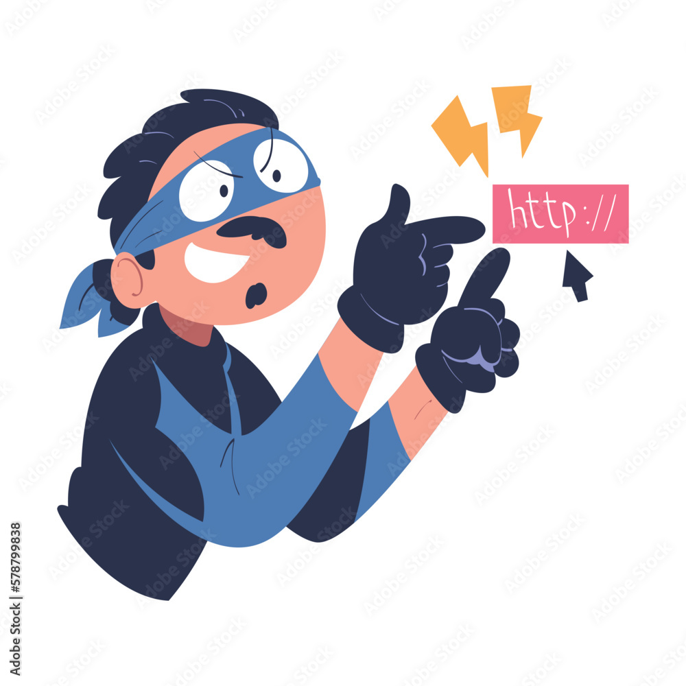 Masked hacker stealing private personal data from fishing site. Cyber security and crime, internet phishing attack cartoon vector illustration Masked hacker stealing private personal data from fishing site. Cyber security and crime, internet phishing attack cartoon vector illustration