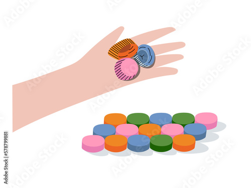 PET bottle caps in a human hand and an example of the way to recycle them into mosaic used in garden or home decor.