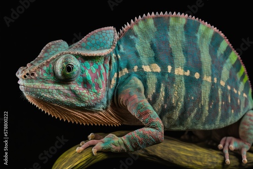 This is a two year old male Furcifer pardalis Ambolobe chameleon, which is native only to Madagascar. In its enraged form, the panther chameleon is pure Ambilobe. Generative AI