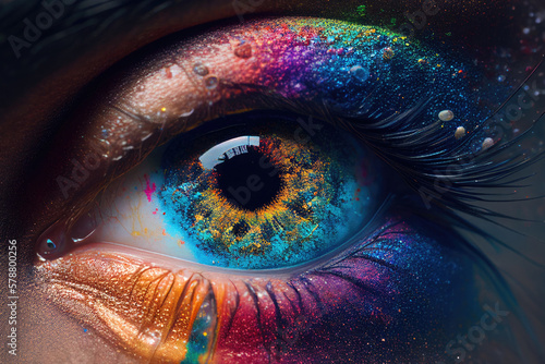 Woman eye with rainbow pupil and bright colored makeup. Created with Generative AI