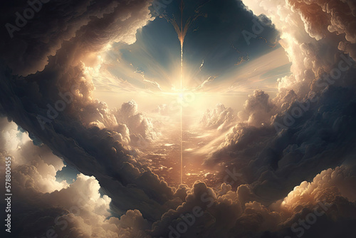 Sun rays break through the clouds in the sky. Entrance to heaven. Created with Generative AI