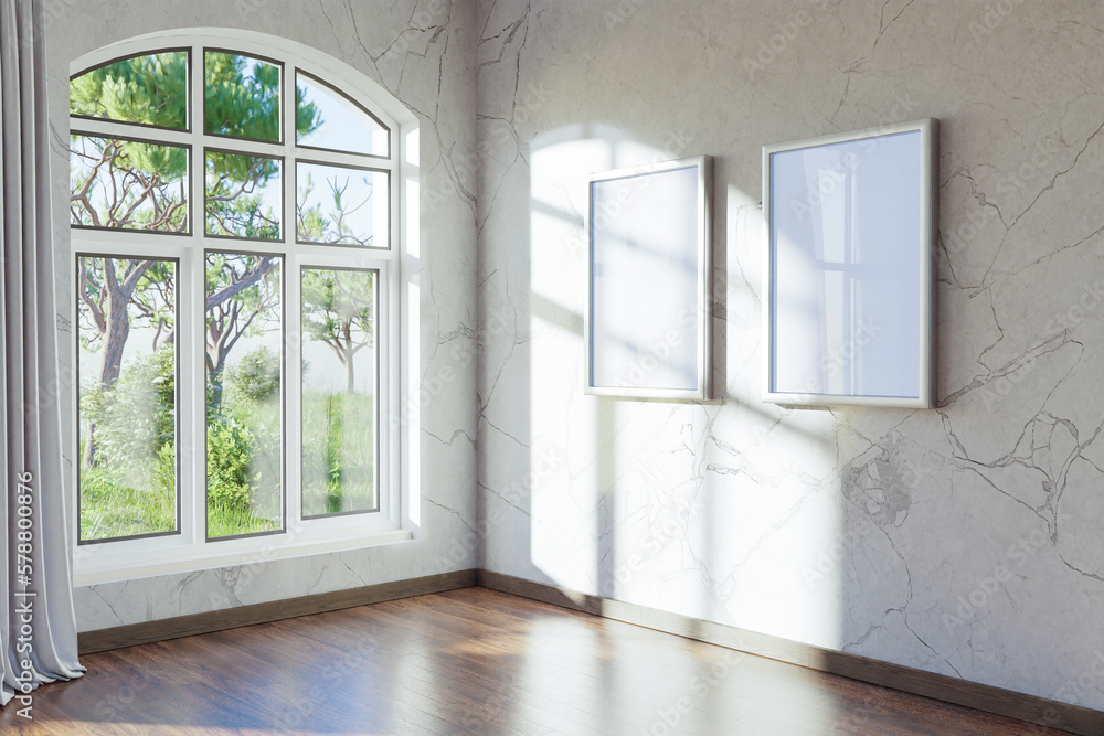 Fototapeta premium empty canvas poster mock up hanging on a wall; empty living room interior; bright daylight shining through a large window; home decoration desing; 3D Illustration
