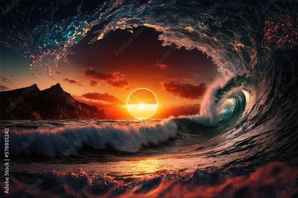 magnificent sunset at sea on a wave of fantasy. Generative AI