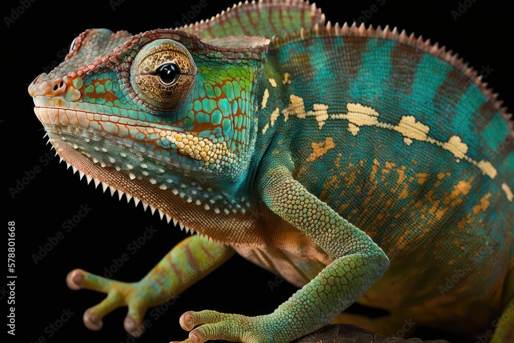 Obraz premium This is a two year old male Furcifer pardalis Ambolobe chameleon, which is native only to Madagascar. This enraged chameleon is 100% pure Ambilobe in his panther form (Chamaeleoninae). Generative AI