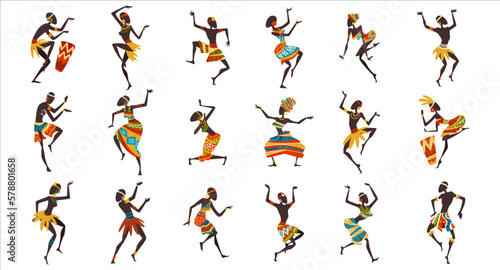 Set of dancing African people. Men and women in traditional African clothes enjoying dance cartoon vector Illustration