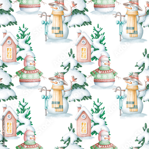 Winter seamless pattern with snowman  houses  Christmas trees