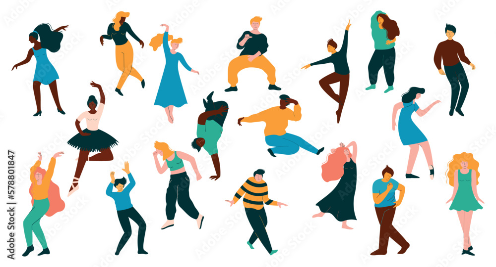 Set of of dancing people. Young men and women enjoying dance cartoon vector Illustration