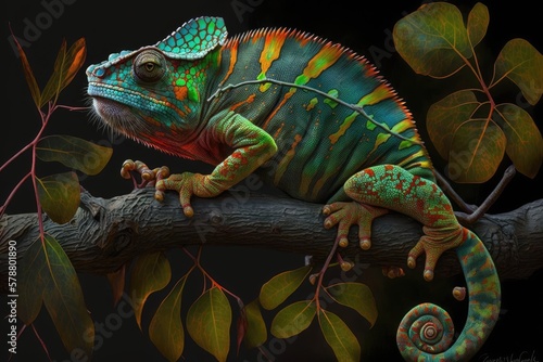 The chameleon panther s varied coloring and the contrast between its dark background and the branch it s climbing make for a striking image. Generative AI