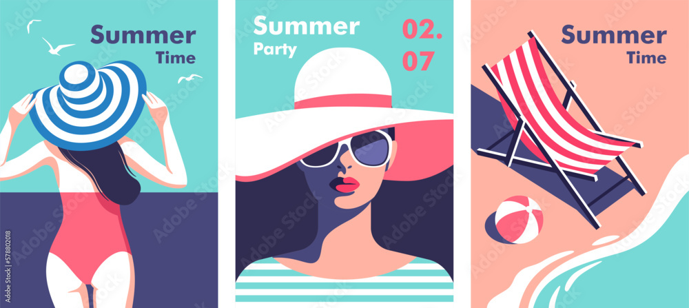Summer time. Concept of summer party and travel. Perfect background on the theme of season vacation, weekend, beach. Vector illustration in minimalistic style for posters, cover art, flyer, banner. - obrazy, fototapety, plakaty 