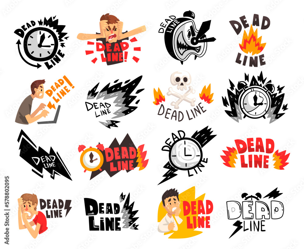 Deadline Badge or Sticker with Clock Dial and Flame Big Vector Set