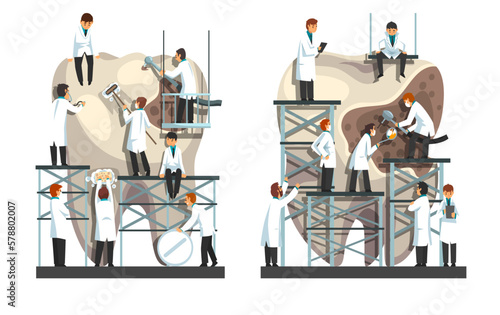 Small Dentists cleaning and treating big unhealthy teeth set. Doctors brushing and drilling plaque. Dentistry concept cartoon vector