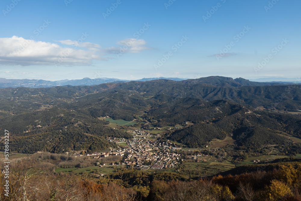 Sant Feliu de Pallerols city from the top view in the winter, city in the mountains, Catalonian nature, Spain