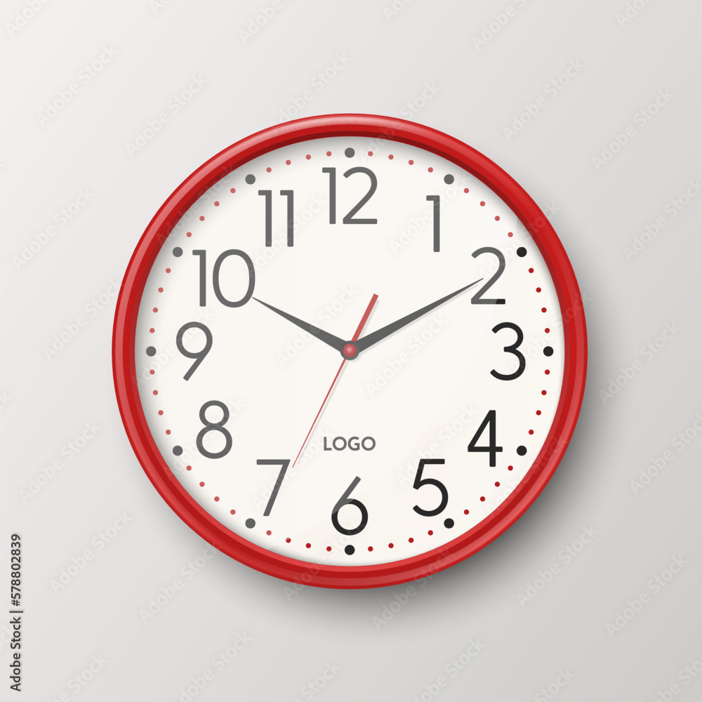 Vector 3d Realistic Simple Round Red Wall Office Clock with White Dial Icon Closeup Isolated on White Backgound. Design Template, Mock-up for Branding, Advertise. Front, Top View Vector 3d Realistic Simple Round Red Wall Office Clock with White Dial Icon Closeup Isolated on White Backgound. Design Template, Mock-up for Branding, Advertise. Front, Top View