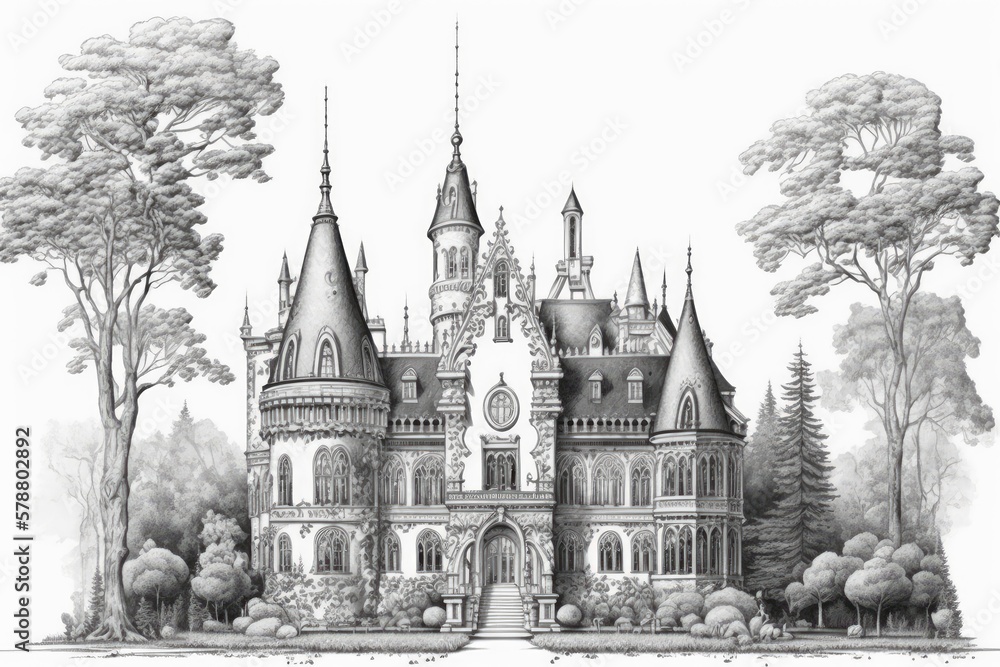 A palace straight out of a fairy tale. The coloring page is in black and white. Generative AI