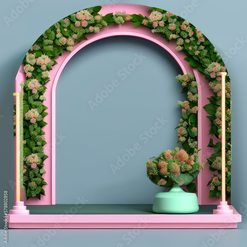 3D display podium with leaves and flora on pastel background. Minimal Jungle exotic green plant composition for product promotion. stand platform for branding and products. 3D render