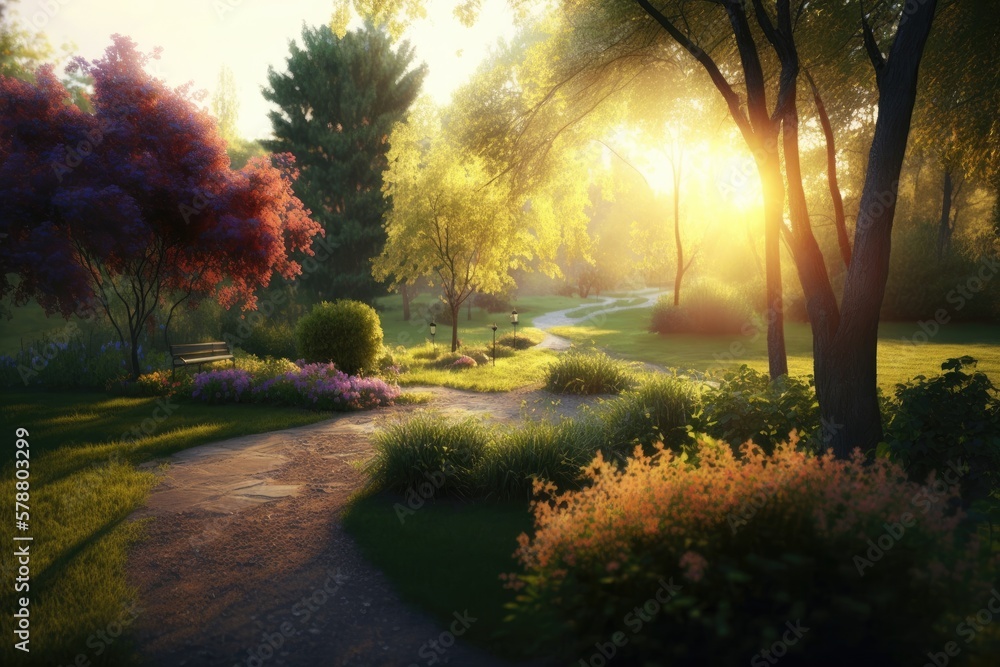 Radiant summertime dawn in a picturesque park. Generative AI