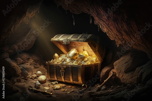 Pirate treasure chest full of gold in a cave, wallpaper.