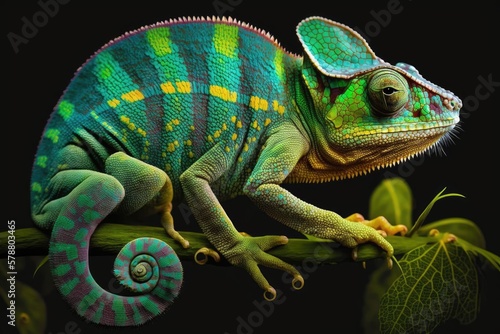 The veiled chameleon's vibrant colors and varied patterns make it a visual treat. Veiled chameleons typically display a vibrant pastel green coloration. Generative AI
