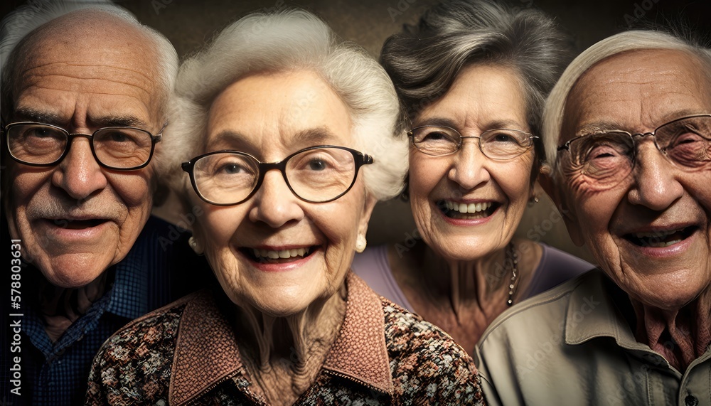 Group of smiling seniors looking at the camera. Generative AI Group of smiling seniors looking at the camera. Generative AI