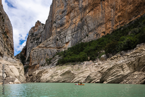 Congost de Mont Rebei  mountain gorge with azure river and canoe  kayaking in Aragon  Catalonia  Spain