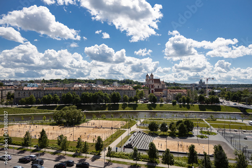 Top view of Vilnius center near white bridge at summer, beach volleyball courts