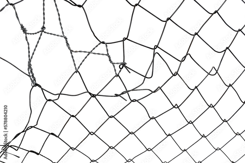 The texture of the metal mesh on a white background. Torn steel, metal mesh with holes The texture of the metal mesh on a white background. Torn steel, metal mesh with holes