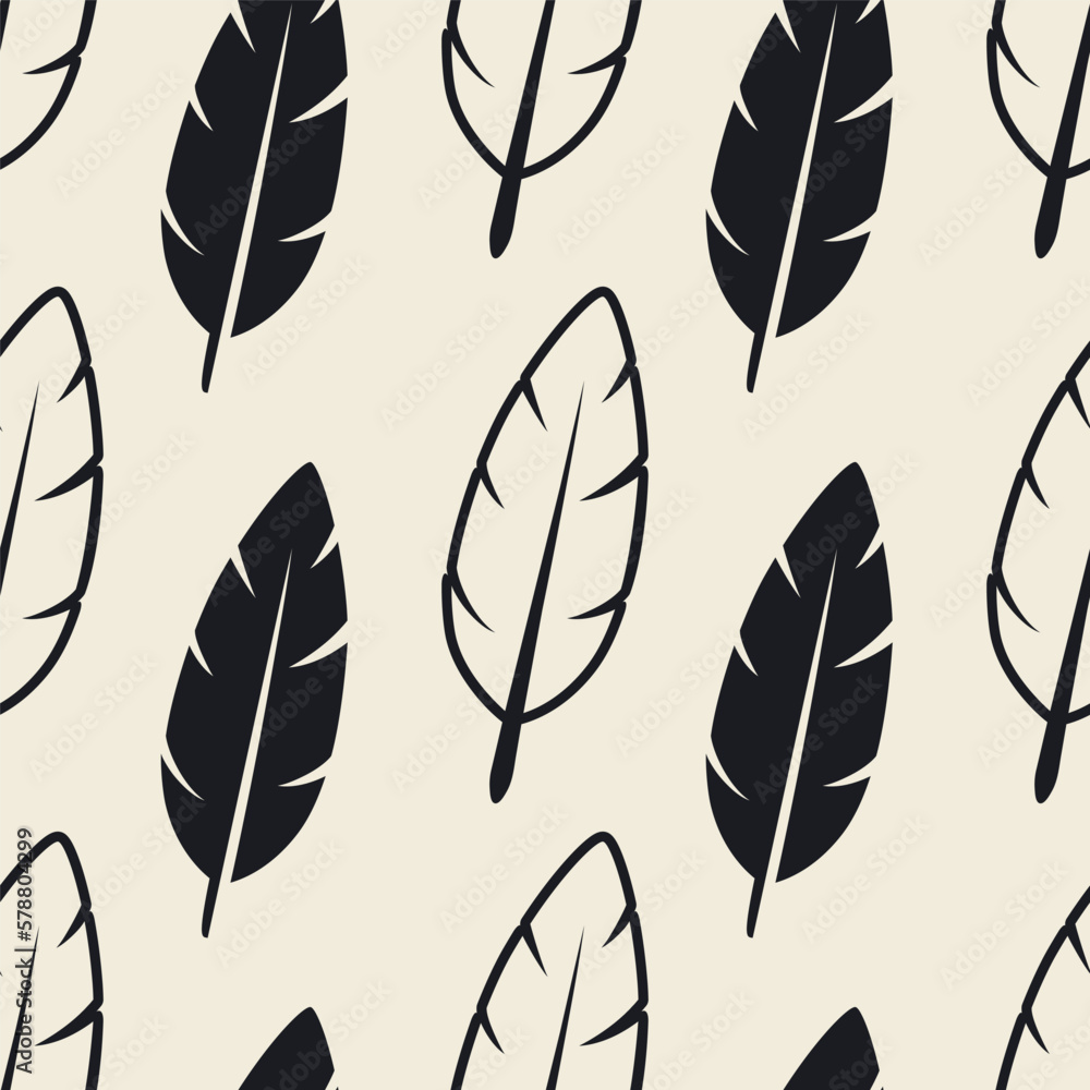 Vector Seamless Pattern with Different Black Fluffy Feather Silhouettes on White Background. Design Template of Flamingo, Angel, Bird Feathers for Wall Paper, Textile. Lightness, Freedom Concept Vector Seamless Pattern with Different Black Fluffy Feather Silhouettes on White Background. Design Template of Flamingo, Angel, Bird Feathers for Wall Paper, Textile. Lightness, Freedom Concept