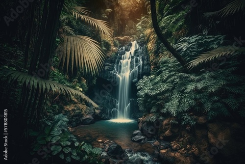 Gorgeous jungle waterfall in a thriving jungle. Generative AI