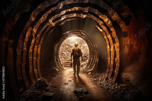 Tunnel in old copper mine showing miner exploring for precious metals. Generative AI
