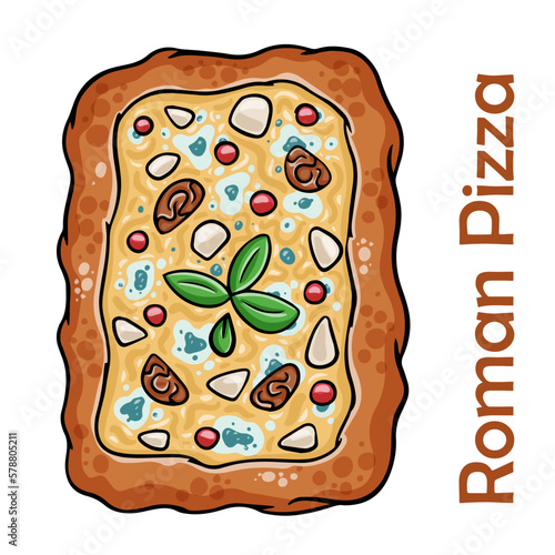 Pizza Four Cheese with smoked suluguni, gorgonzola, mozzarella, mountain ash, walnuts, honey, basil Roman pizza rectangular on white background