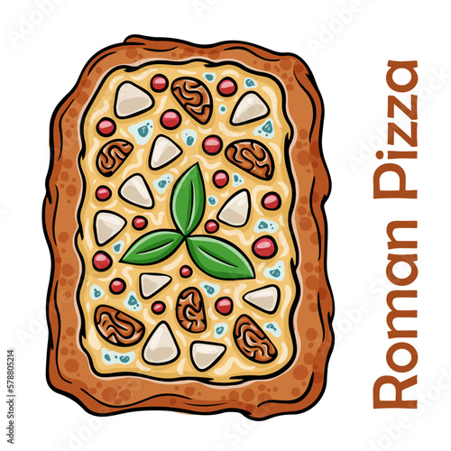 Pizza Four Cheese with smoked suluguni, gorgonzola, mozzarella, mountain ash, walnuts, honey, basil Roman pizza rectangular on white background