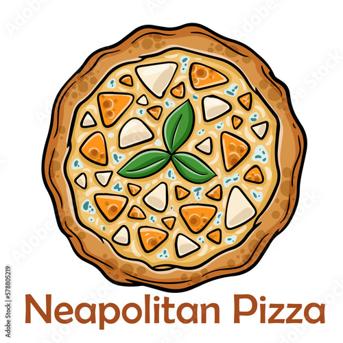 Pizza Four Cheese with smoked suluguni, gorgonzola, mozzarella, mountain ash, walnuts, honey, basil. Neapolitan round pizza on white background
