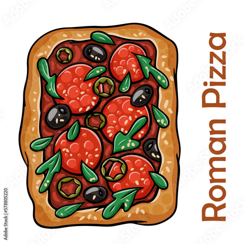 Pizza Diavolo with chorizo, rucola, jalapeno, chili, kalamata, pesto. Roman pizza rectangular on white background
