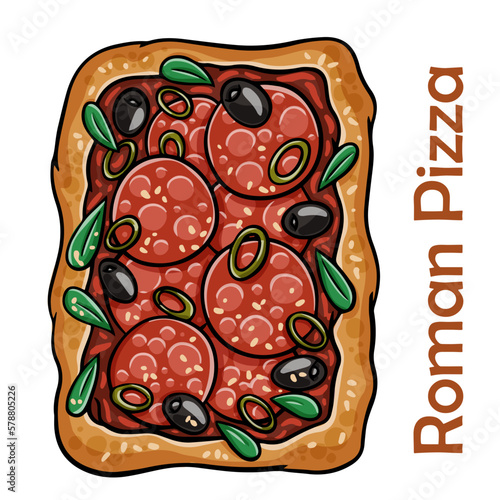 Pizza Diavolo with chorizo, rucola, jalapeno, chili, kalamata, pesto. Roman pizza rectangular on white background