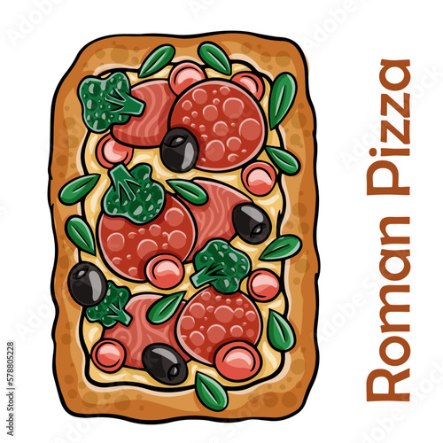 Pizza with salami, ham, vienna sausages, kalamata, olives, broccoli, pelati, pesto. Roman pizza rectangular on white background