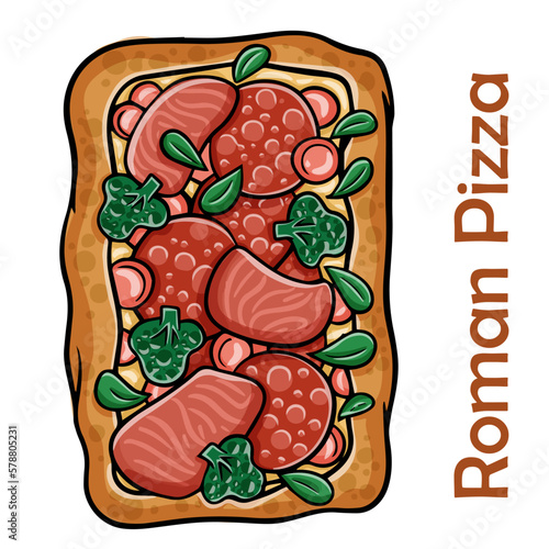 Pizza with salami, ham, vienna sausages, kalamata, olives, broccoli, pelati, pesto. Roman pizza rectangular on white background