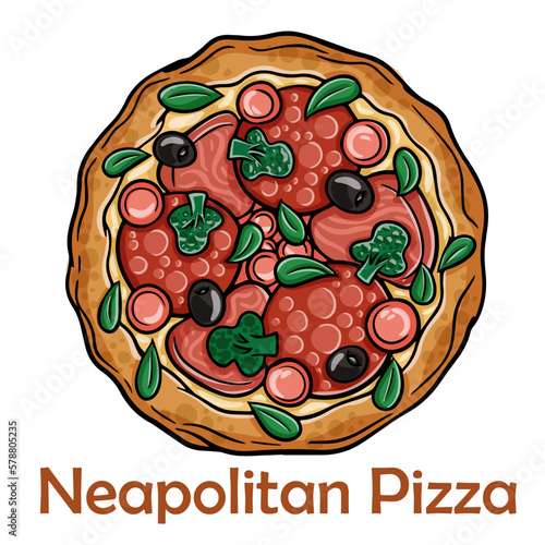 Pizza with salami, ham, vienna sausages, kalamata, olives, broccoli, pelati, pesto. Neapolitan round pizza on white background