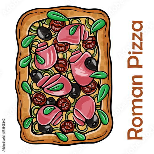Pizza with roast beef and artichokes, jalapenos, chili, mozzarella, pesto. Roman pizza rectangular on white background