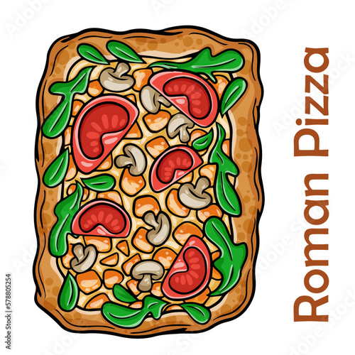 Pizza Margarita with tomato, mozzarella, pesto sauce, basil. Roman pizza rectangular on white background
