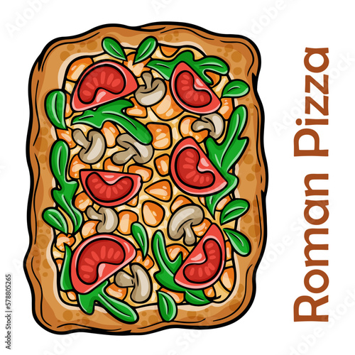 Pizza Margarita with tomato, mozzarella, pesto sauce, basil. Roman pizza rectangular on white background