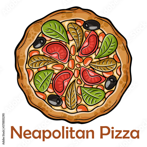 Caesar pizza with chicken, anchovies, romaine, cherry, kalamata, capers, pesto. Neapolitan round pizza on white background