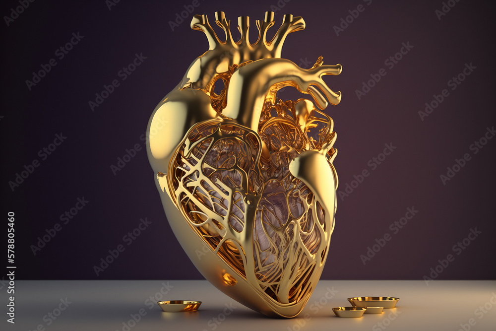 Anatomiczne złote serce - alegoria miłości - Anatomical golden heart - an allegory of love - AI Generated - obrazy, fototapety, plakaty 
