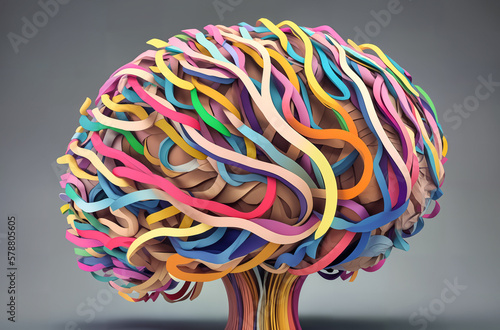 Color model of the human brain like a tree made of multi-colored stripes. Concept of the brain of a creative person - artist or designer. Generative AI.