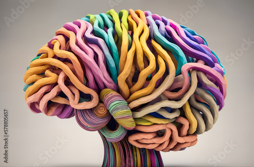 Color model of the human brain from multi-colored stripes. Concept of the brain of a creative person - artist or designer. Generative AI.