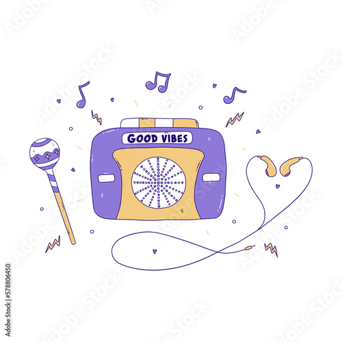 Retro cassette audio player with headphones, lollipop on stick, notes. 90s style youth print. Small portable compact device with headphone jack. Colorful vector isolated illustration hand drawn