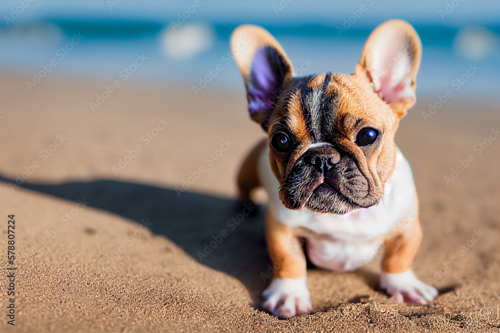 cute small french bulldog puppy on sunny day summer light sand beach, generative AI