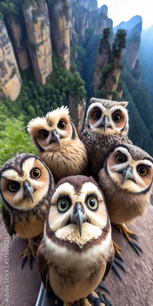 selfie of a group of owl  Generative AI Digital Illustration Part#70323