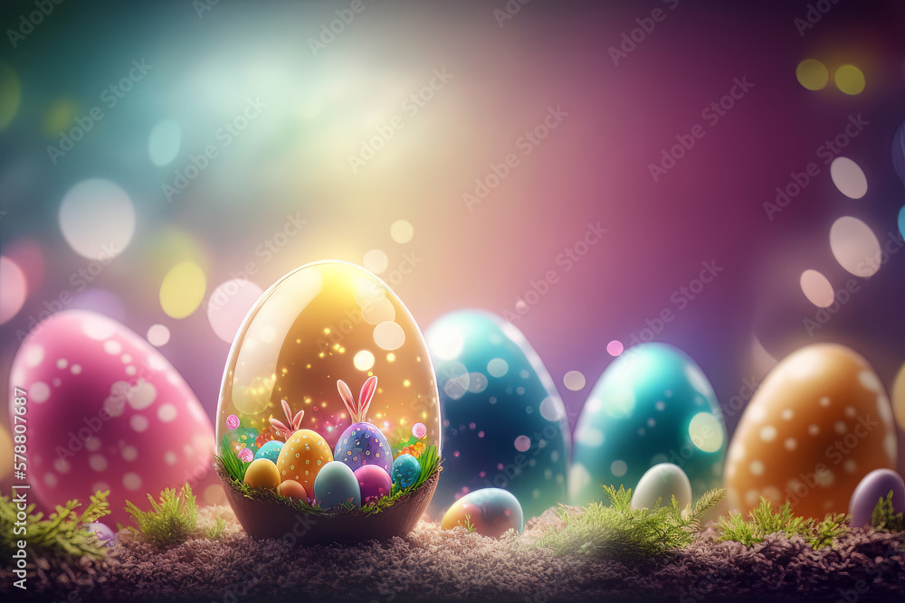 Happy Easter Greeting Background with Colorful Eggs. Illustration AI Generative Happy Easter Greeting Background with Colorful Eggs. Illustration AI Generative